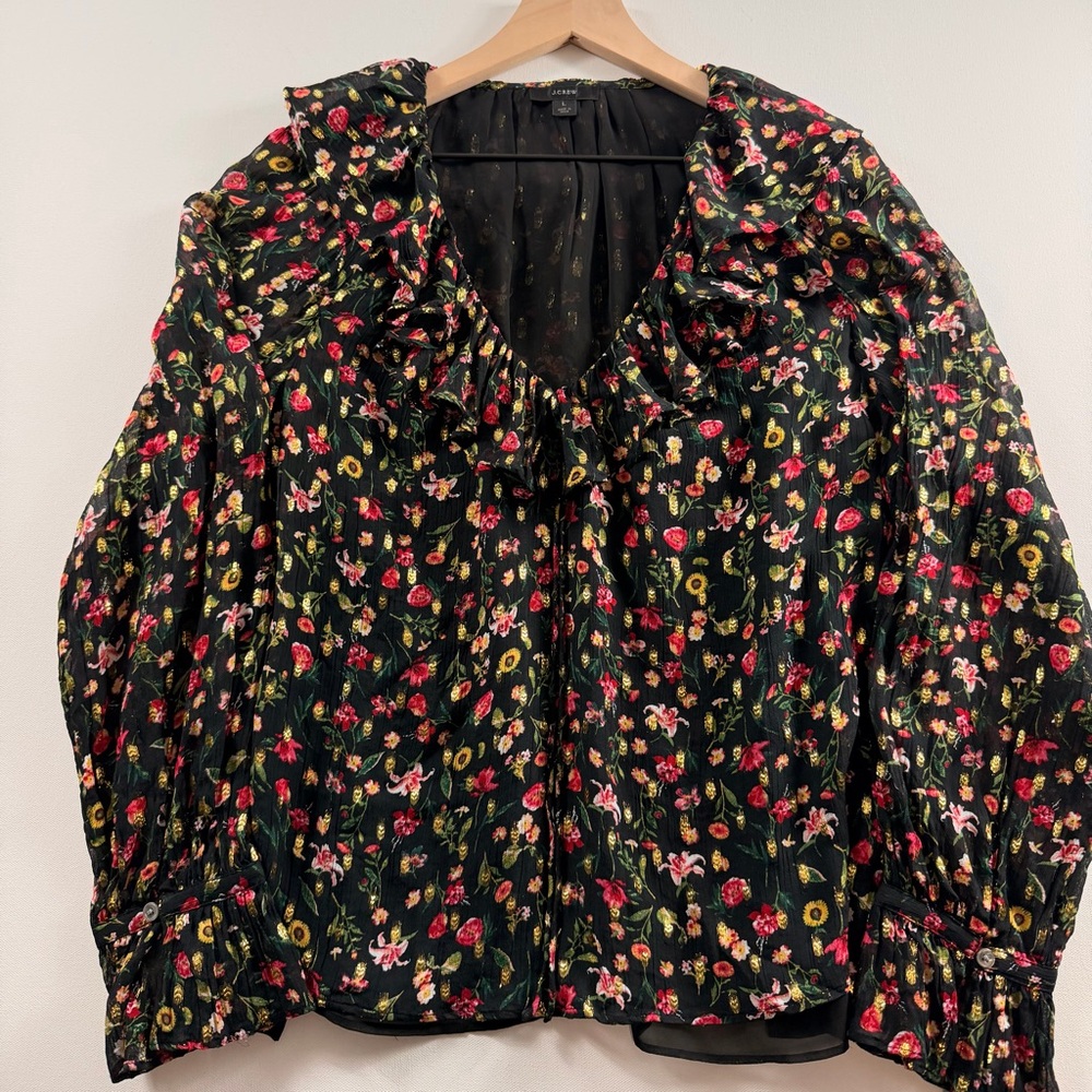 J.Crew Black Floral Gold Metallic Ruffle Blouse Large Romantic Holiday Party Top - Picture 2 of 10